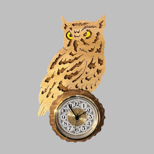 Wooden owl clock, hand scroll sawed, with high quality movements, designed for years of service. One AA battery included.