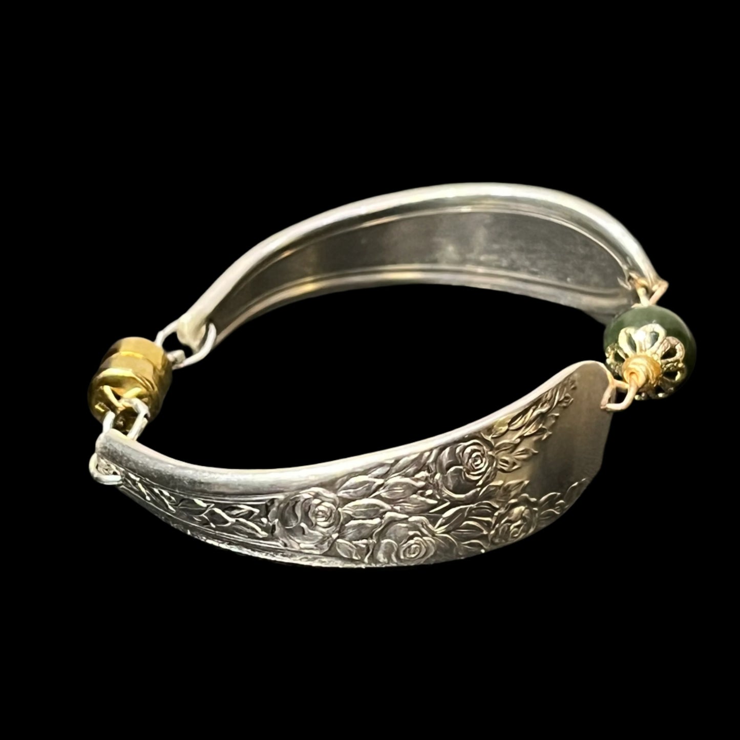 Spoon bracelet with "Rose & Leaf" pattern, circa 1937, jade bead, and magnetic clasp, Certified Made in Alaska jewelry.