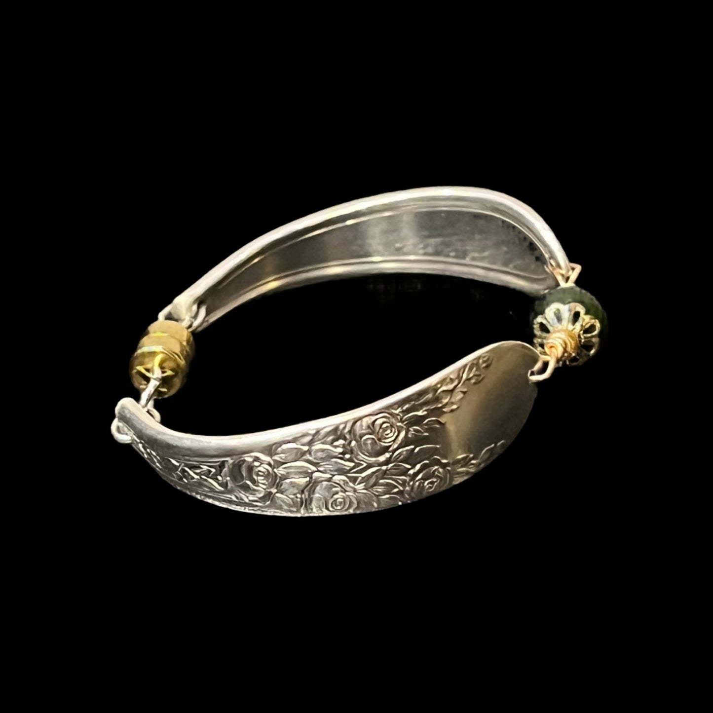 Spoon bracelet with "Rose & Leaf" pattern, circa 1937, jade bead, and magnetic clasp, Certified Made in Alaska jewelry.