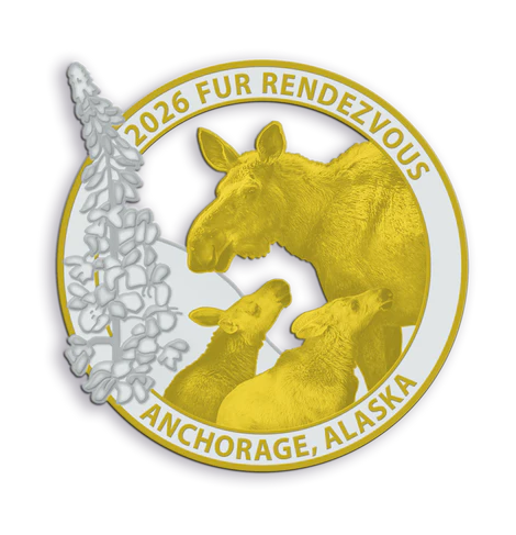 Fur Rendezvous 2026 logo with moose and calves, Anchorage, Alaska.
Fur Rondy 2026 Special Edition Gold and Silver Collector Pin