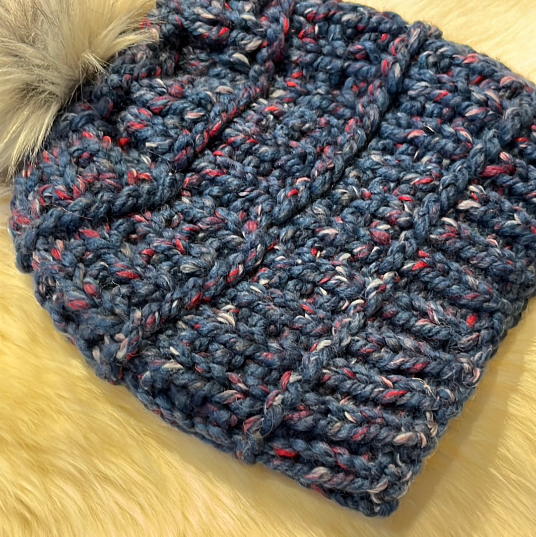 Orchard Beanie (Blue) Wool acrylic blend yarn with removable pom pom. Care: Remove pom, gentle wash dry flat.