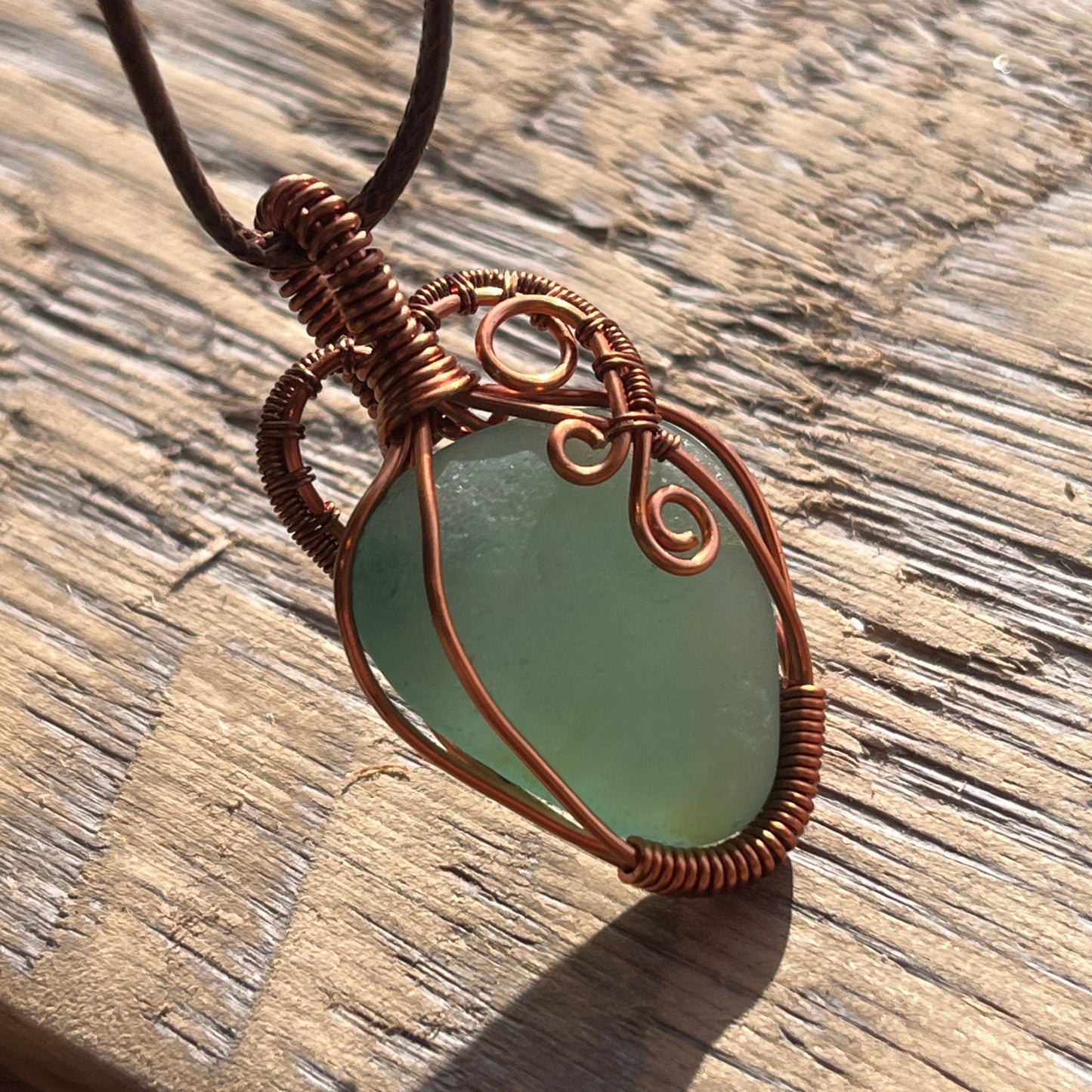 Copper Wrapped Green Seaglass Pendant