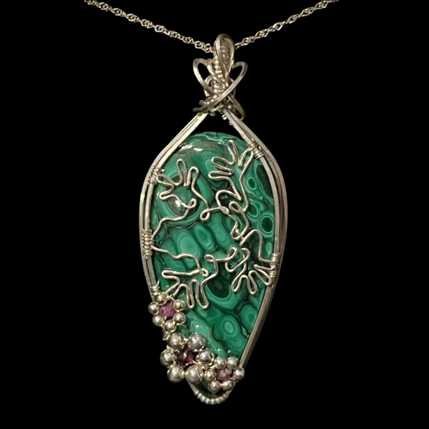 Malachite necklace with frog wire wrap design. Certified Made in Alaska jewelry.