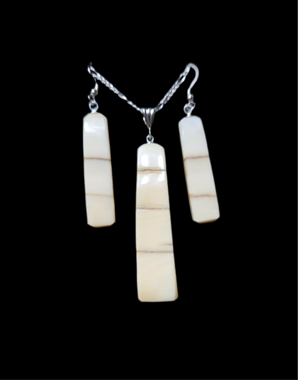 Walrus Ivory Necklace and Earring Set in Sterling Silver (long rectangle)