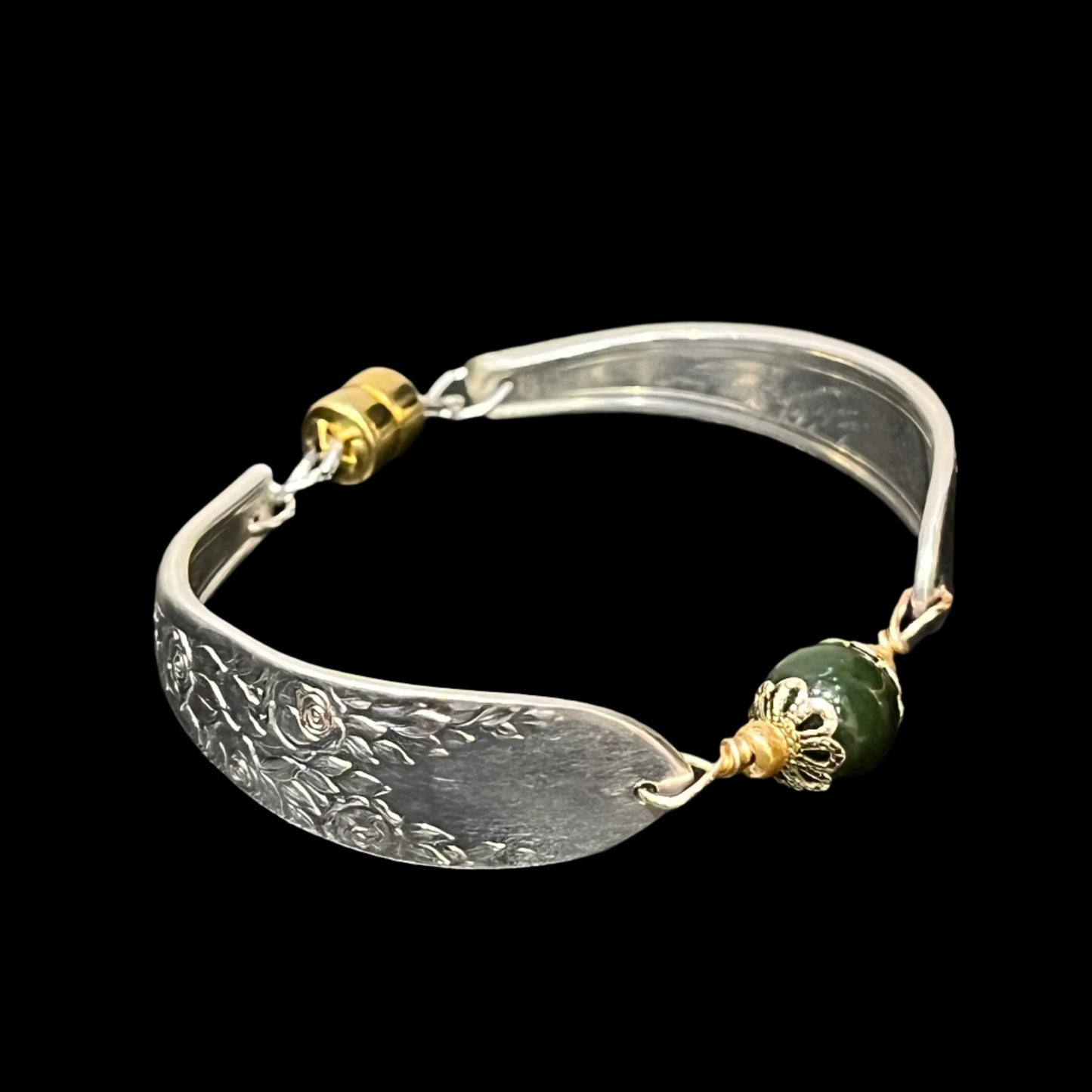 Spoon bracelet with "Rose & Leaf" pattern, circa 1937, jade bead, and magnetic clasp, Certified Made in Alaska jewelry.