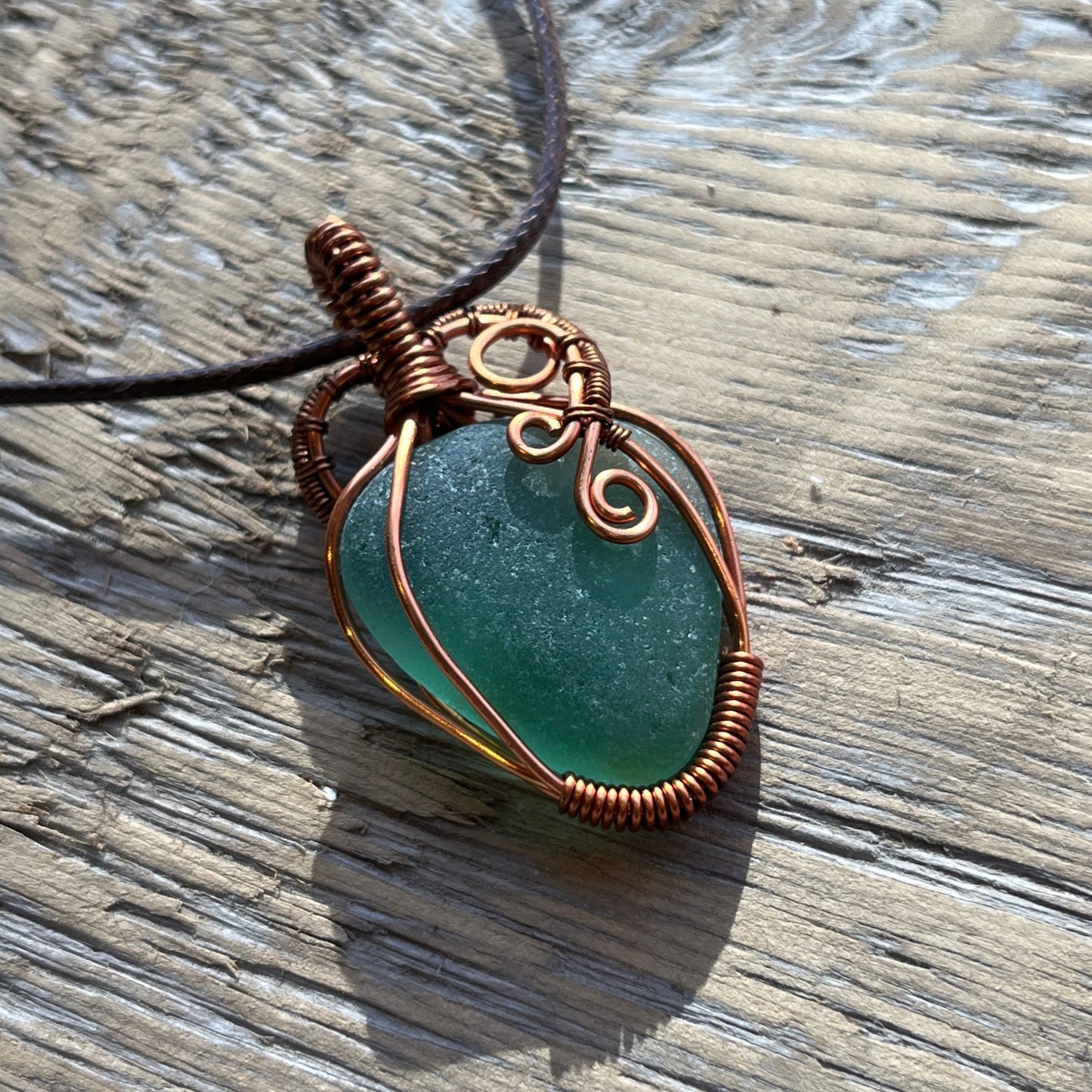 Copper Wrapped Green Seaglass Pendant