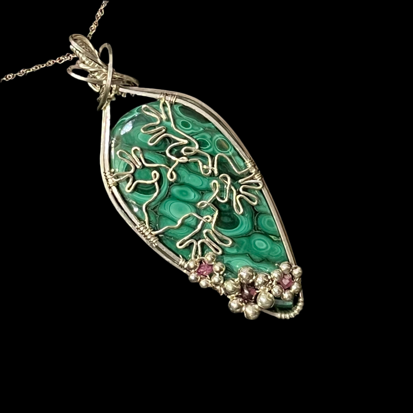 Malachite necklace with frog wire wrap design. Certified Made in Alaska jewelry.