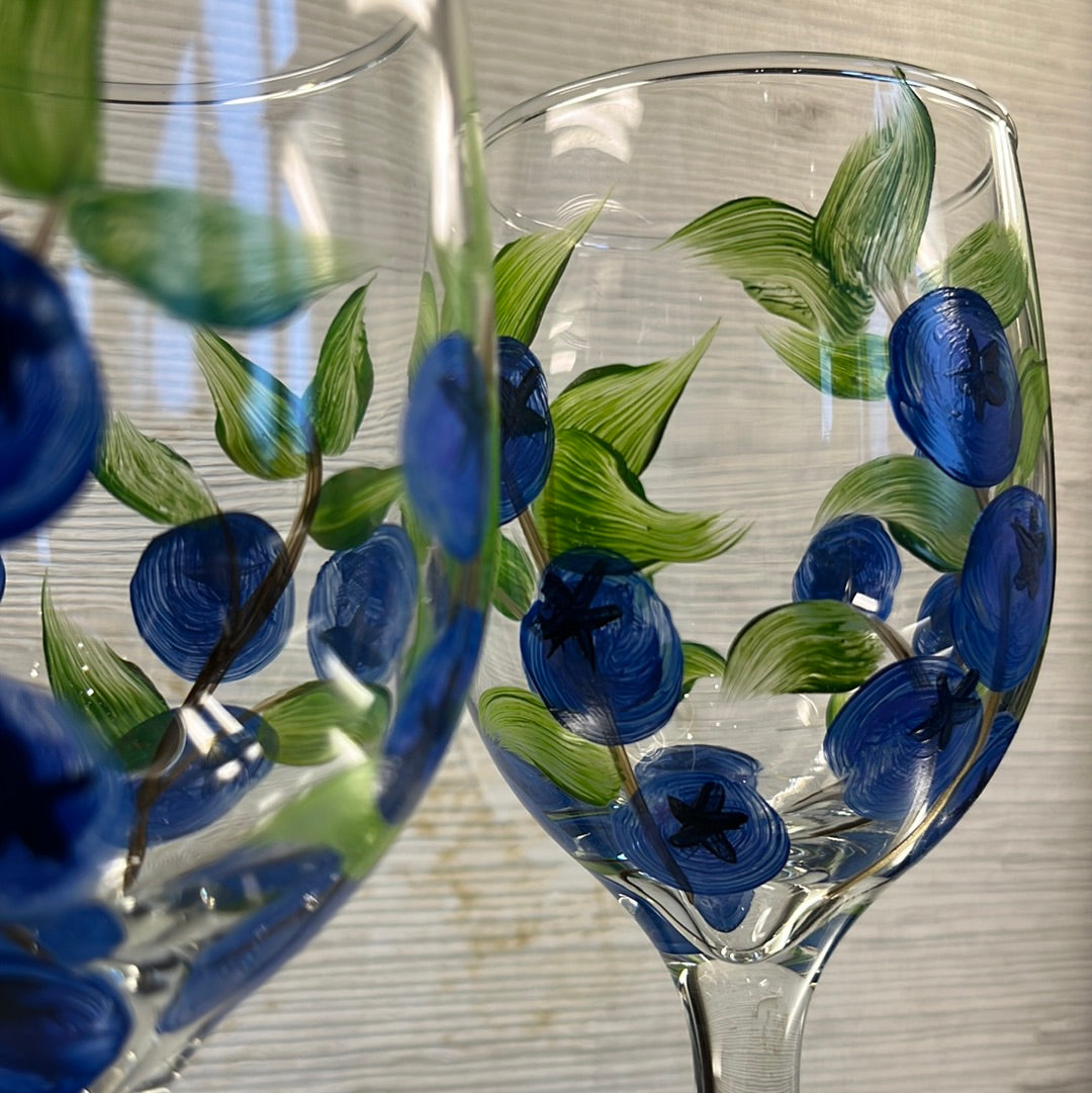 Set of 2 hand painted Blueberry wine glasses.