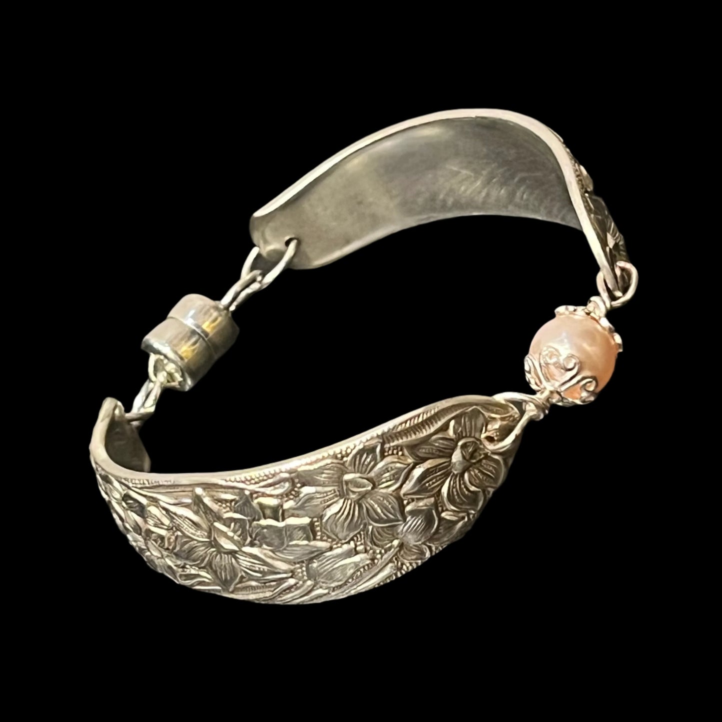 Upcycled spoon bracelet with "Narcissus" pattern, circa 1935, Swarovski Crystal Pearl, and magnetic clasp, Certified Made in Alaska jewelry.