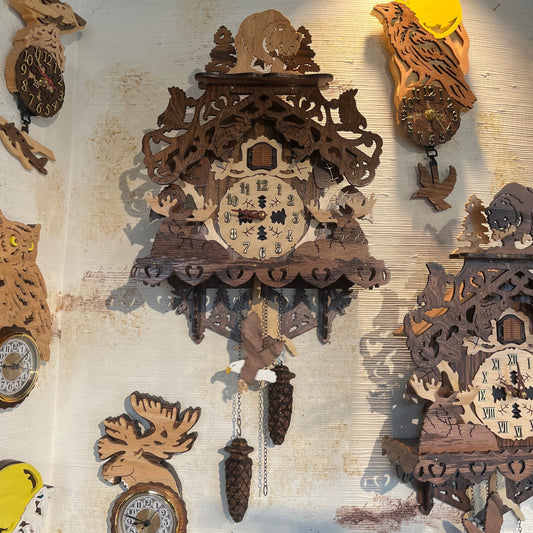 Bear, moose, eagle, Alaska cuckoo clock. Made in Alaska. Order online at www.buzzwinkles.com