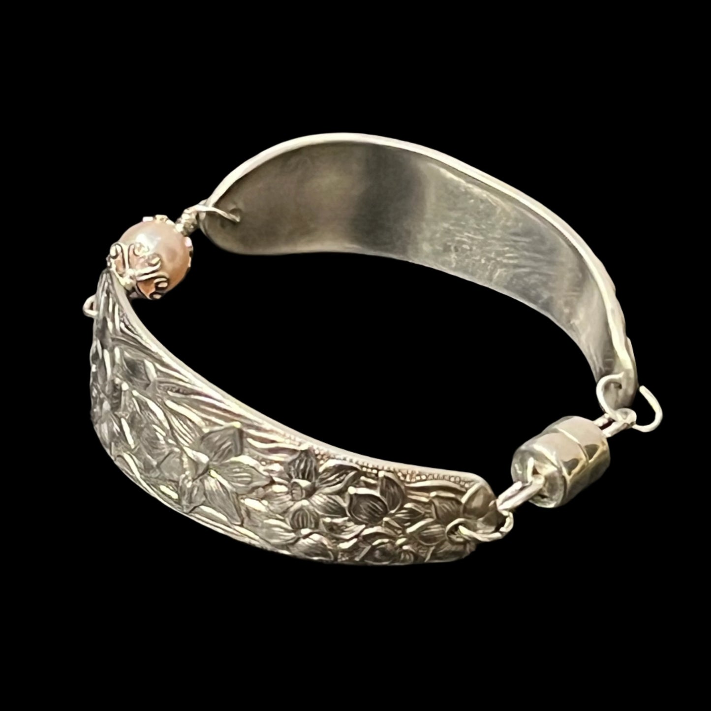 Upcycled spoon bracelet with "Narcissus" pattern, circa 1935, Swarovski Crystal Pearl, and magnetic clasp, Certified Made in Alaska jewelry.
