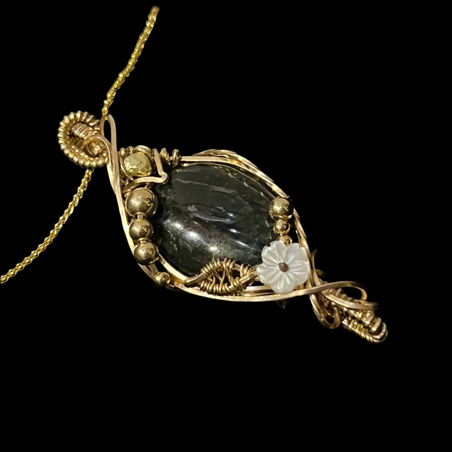 Alaskan Jade and gold nugget necklace with gold filled wire and chain. Certified Made in Alaska jewelry.