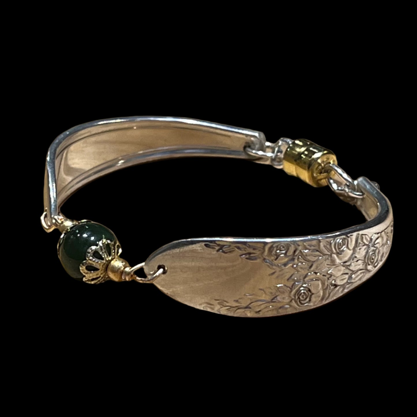 Spoon bracelet with "Rose & Leaf" pattern, circa 1937, jade bead, and magnetic clasp, Certified Made in Alaska jewelry.