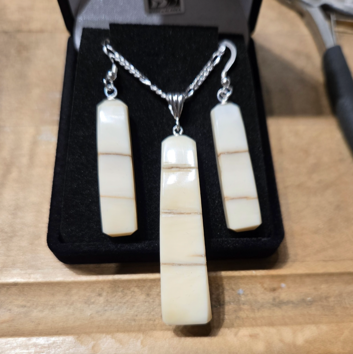 Walrus Ivory Necklace and Earring Set in Sterling Silver (long rectangle)