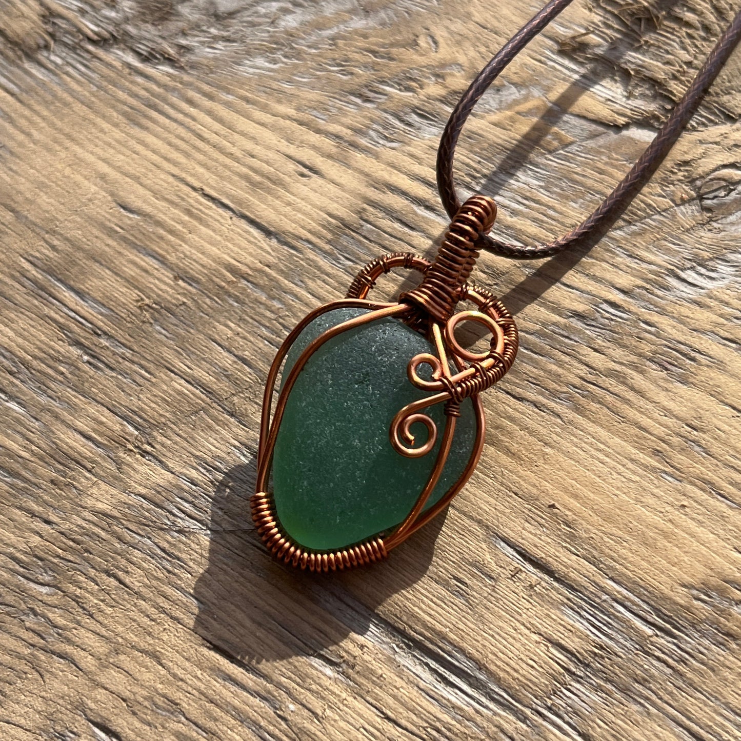 Copper Wrapped Green Seaglass Pendant