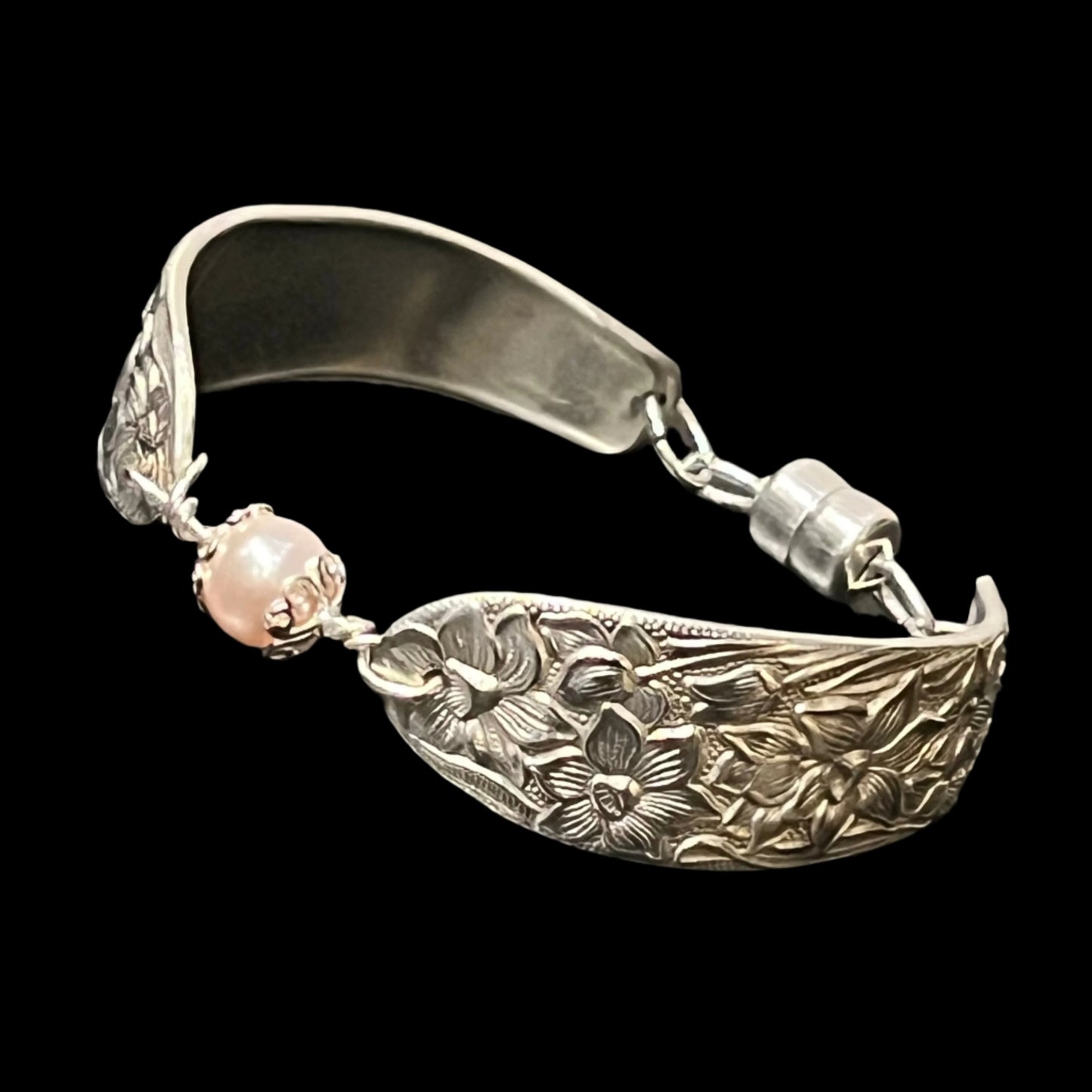 Upcycled spoon bracelet with "Narcissus" pattern, circa 1935, Swarovski Crystal Pearl, and magnetic clasp, Certified Made in Alaska jewelry.