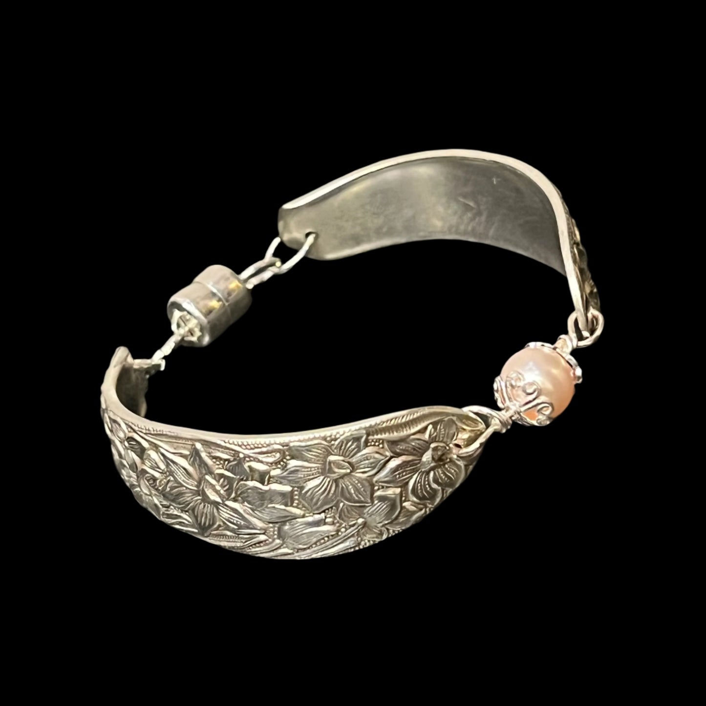Upcycled spoon bracelet with "Narcissus" pattern, circa 1935, Swarovski Crystal Pearl, and magnetic clasp, Certified Made in Alaska jewelry.