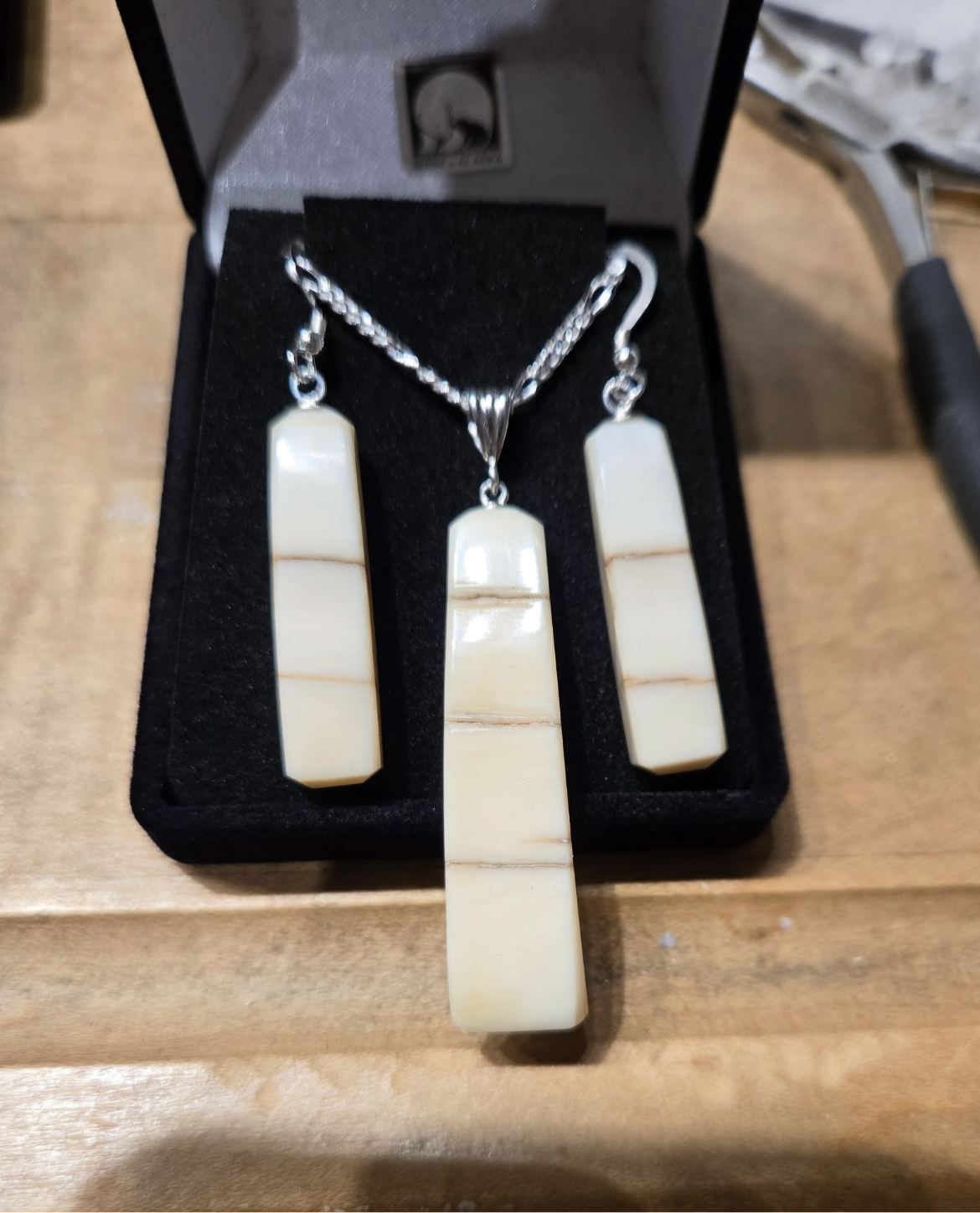 Walrus Ivory Necklace and Earring Set in Sterling Silver (long rectangle)