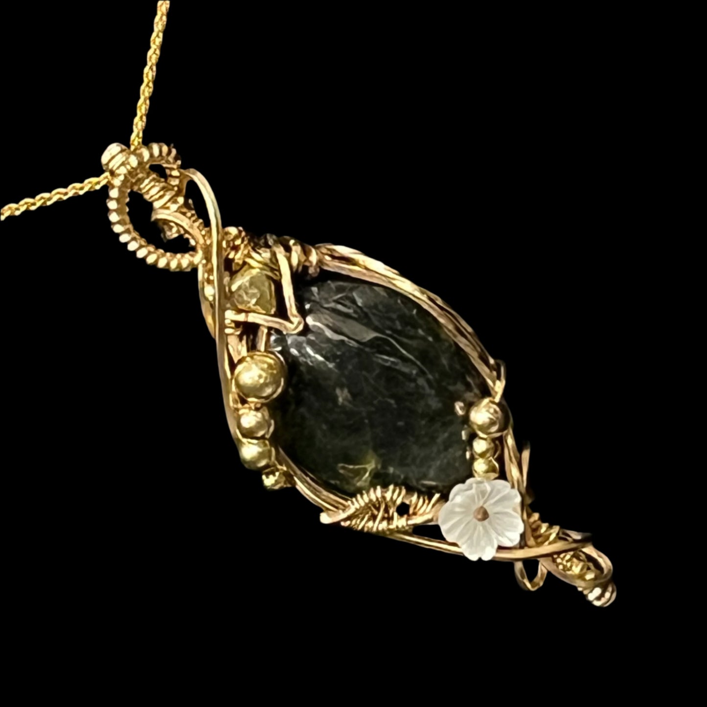 Alaskan Jade and gold nugget necklace with gold filled wire and chain. Certified Made in Alaska jewelry.