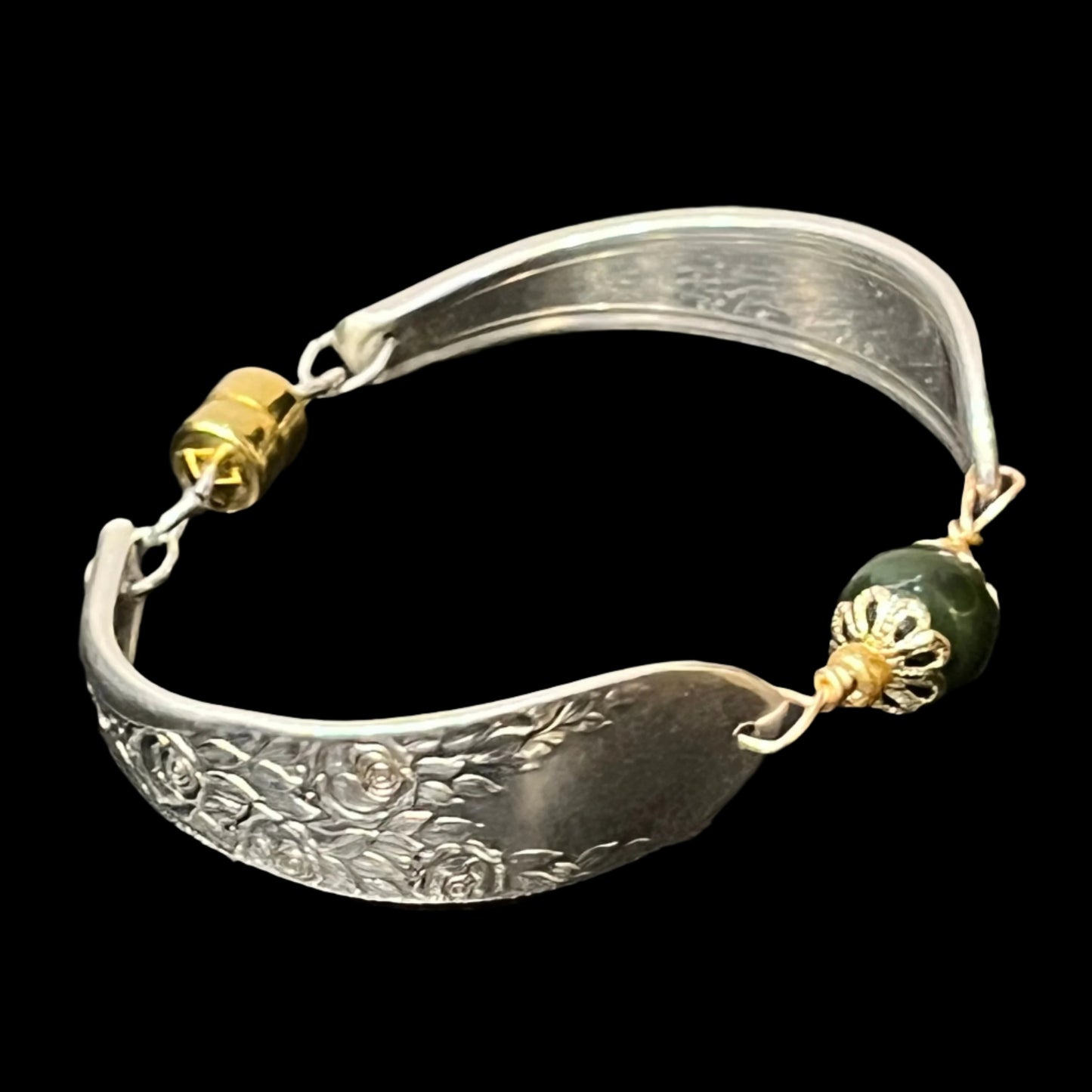 Spoon Bracelet "Rose & Leaf" w/ Jade Bead
