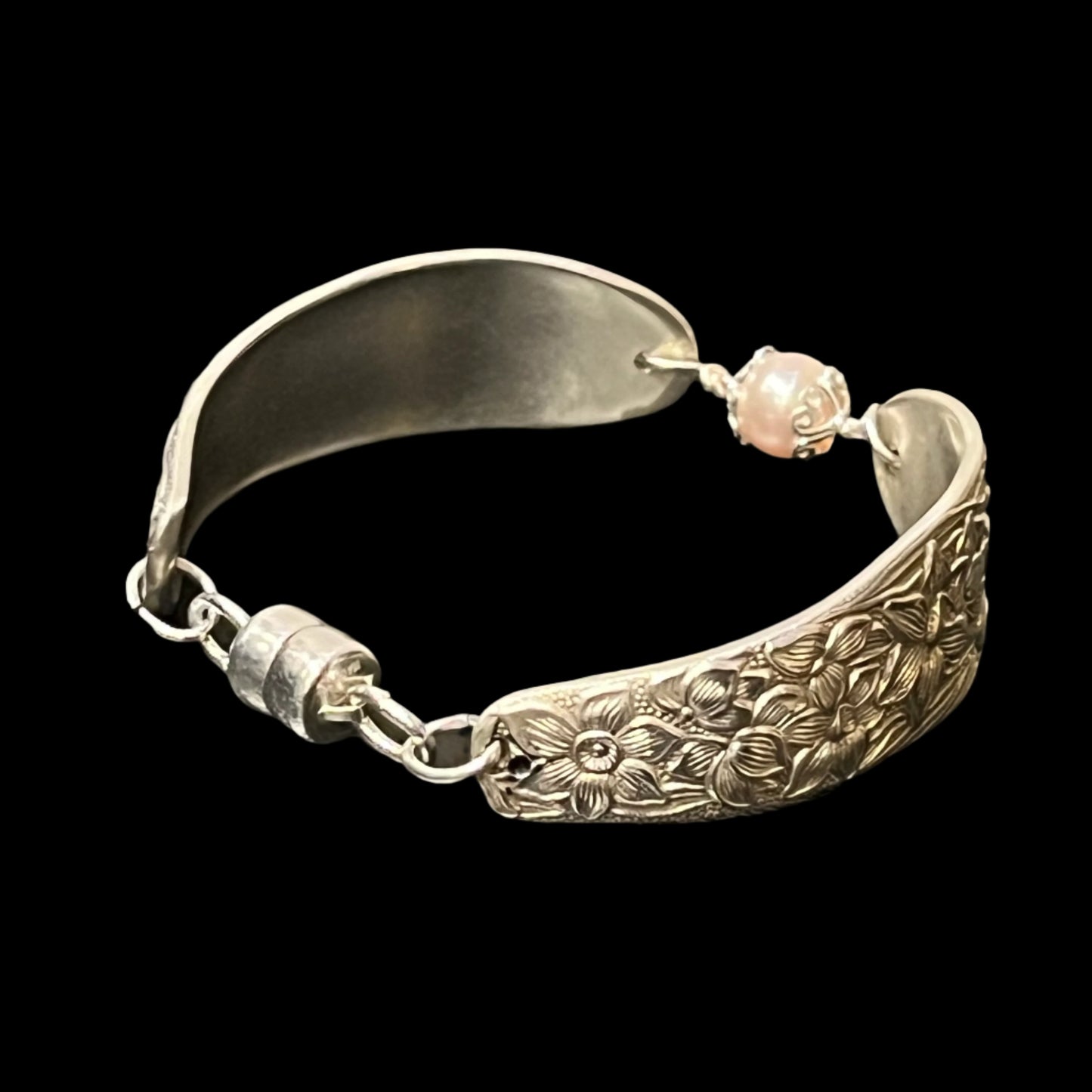 Upcycled spoon bracelet with "Narcissus" pattern, circa 1935, Swarovski Crystal Pearl, and magnetic clasp, Certified Made in Alaska jewelry.