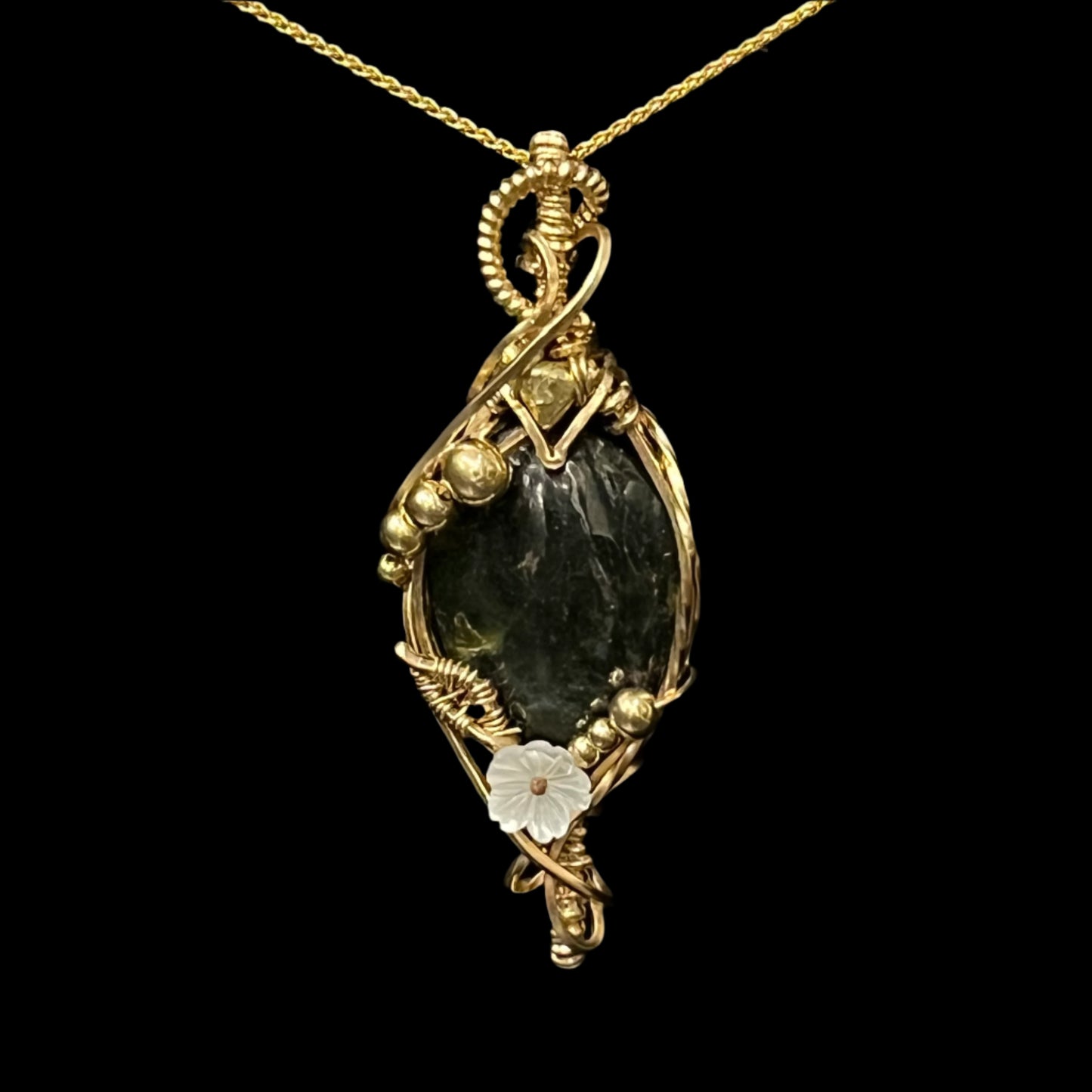 Alaskan Jade and gold nugget necklace with gold filled wire and chain. Certified Made in Alaska jewelry.