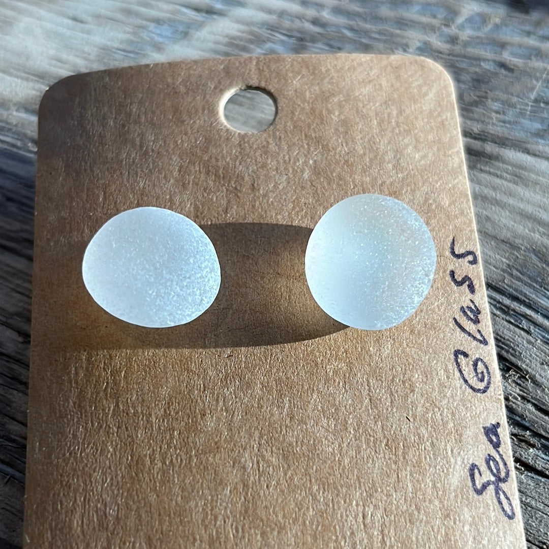 White Sea Glass Stud Earrings