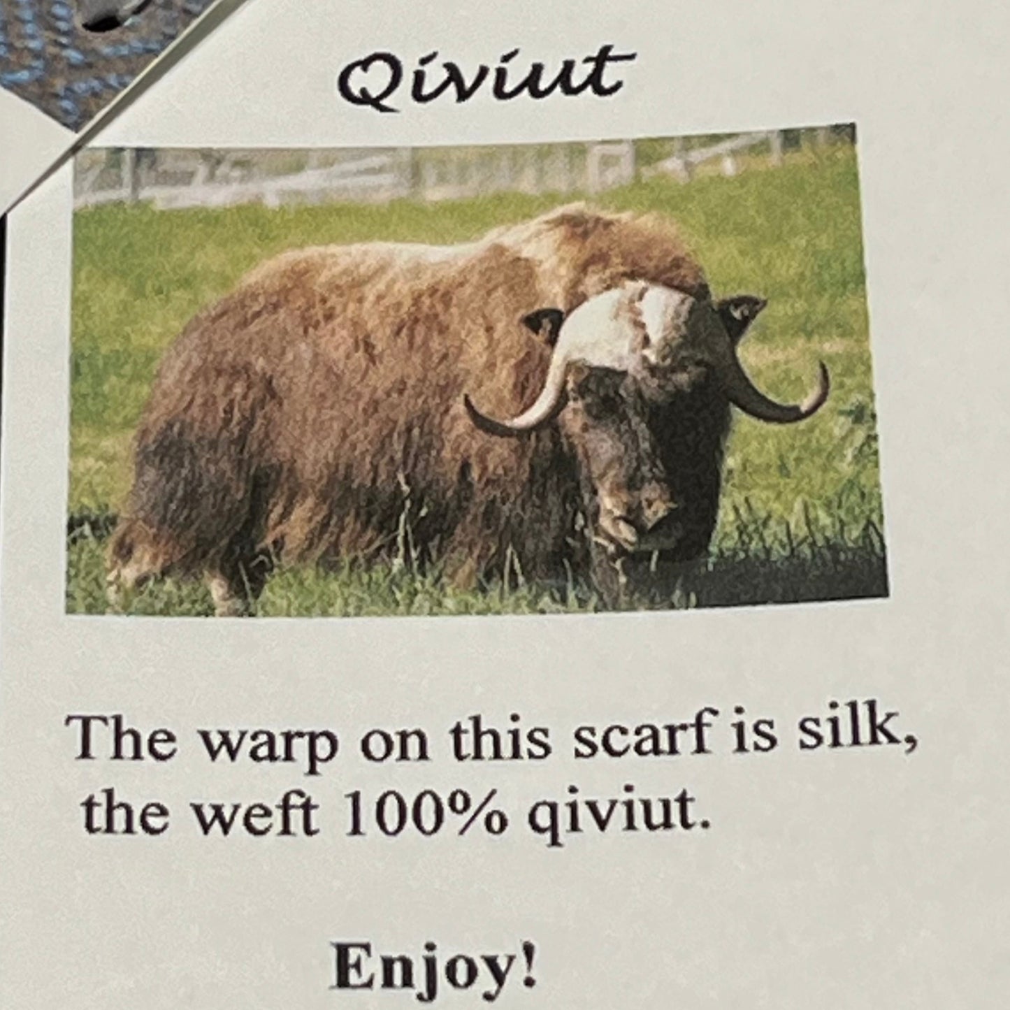 Handmade qiviut (musk ox hair) scarf. The wrap on this scarf is silk, the weft is 100% qiviut. Certified Made in Alaska.