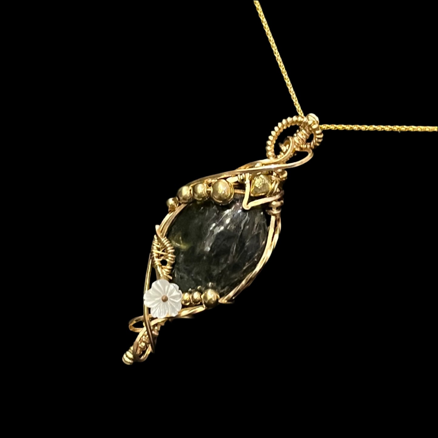 Alaskan Jade and gold nugget necklace with gold filled wire and chain. Certified Made in Alaska jewelry.