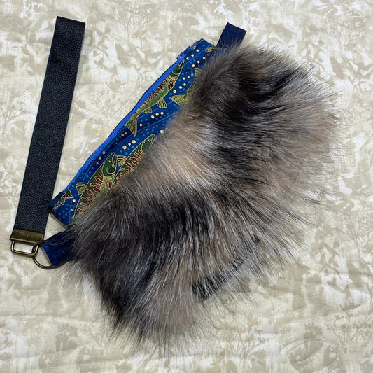 Cross Fox fur clutch purse with strap. Made from leather and silver fox fur with raven and fish trim.