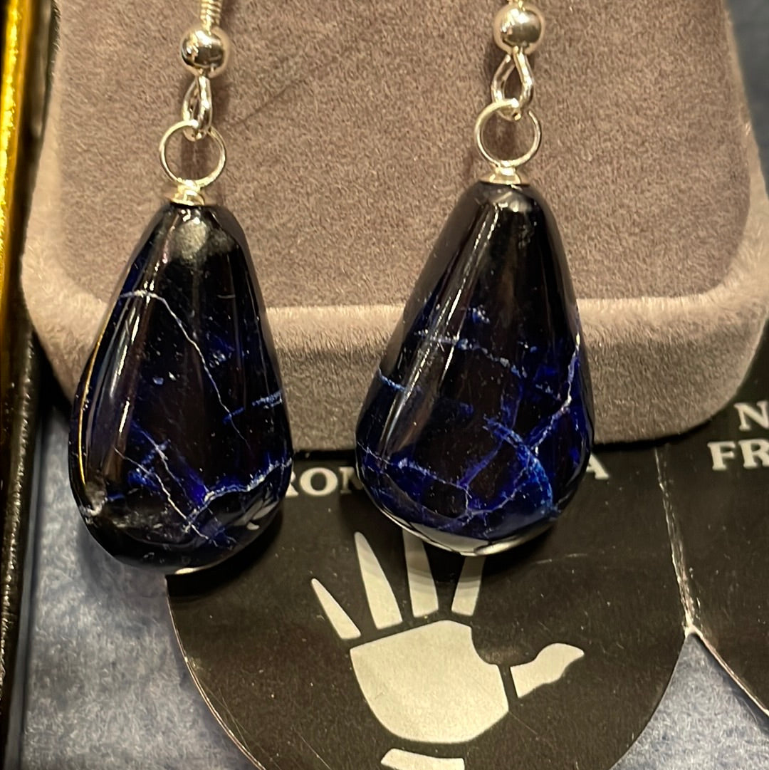 Sodalite Earrings on silver fish hooks. This unique piece of jewelry is authentic Alaska Native art created by an enrolled member of an Alaska Native tribe.