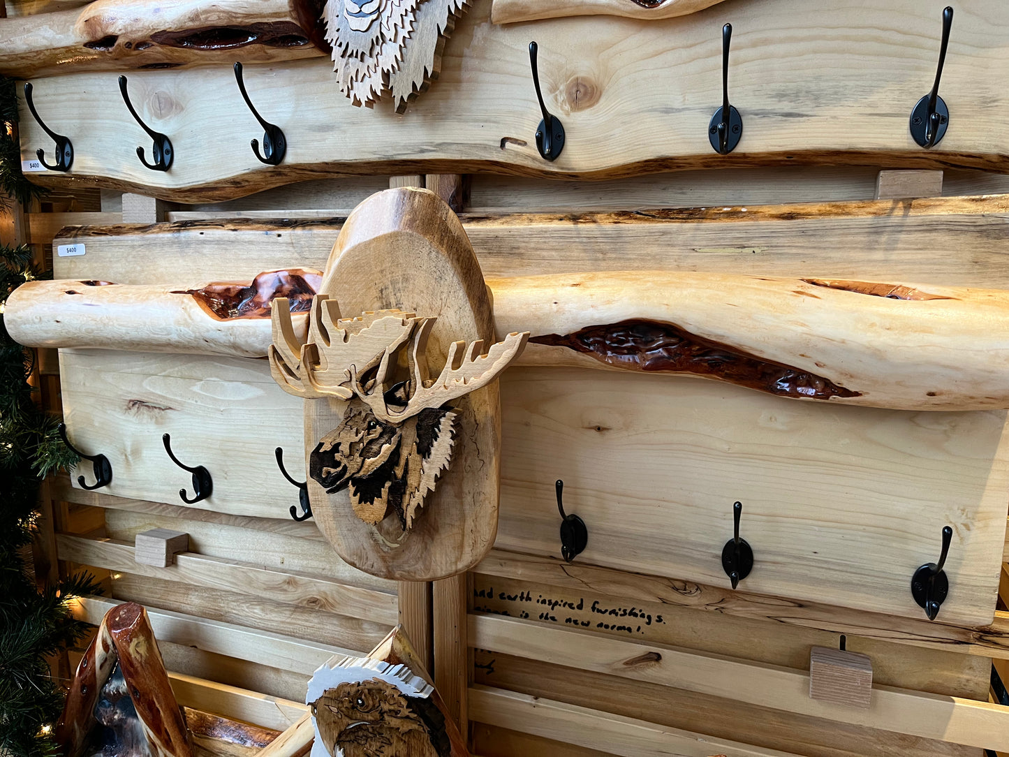 Diamond Willow Coat Racks with Intarsia Animals