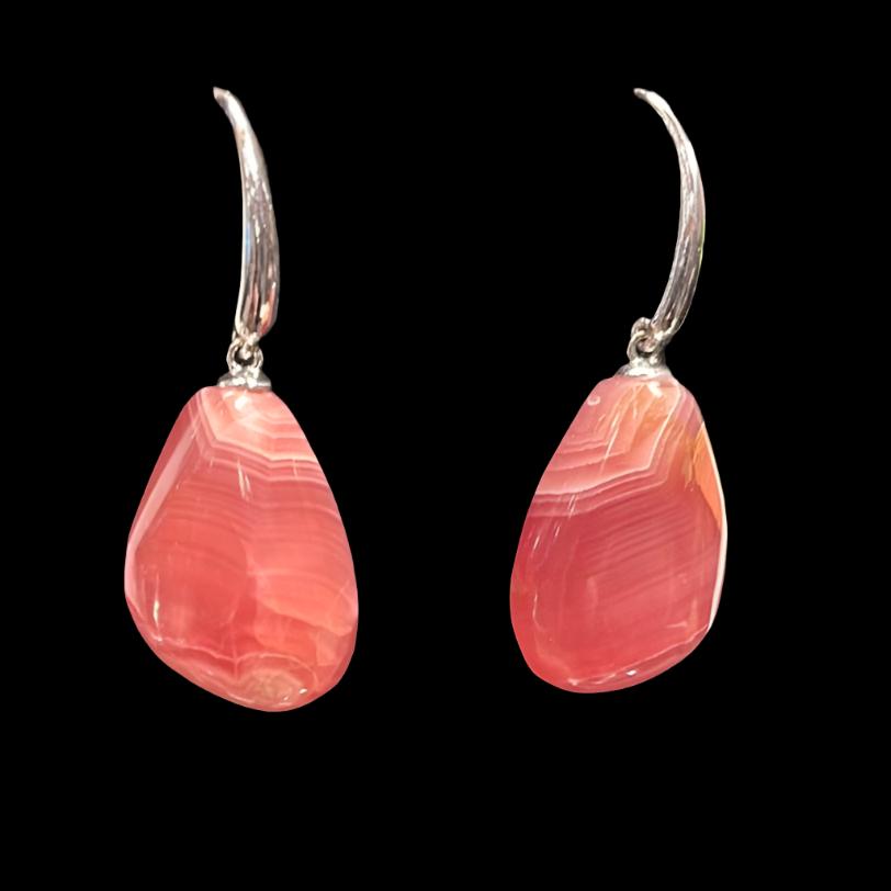 Pink Rhodochrosite earrings on rhodium. This unique piece of jewelry is authentic Alaska Native art created by an enrolled member of an Alaska Native tribe and is a certified Made in Alaska item.