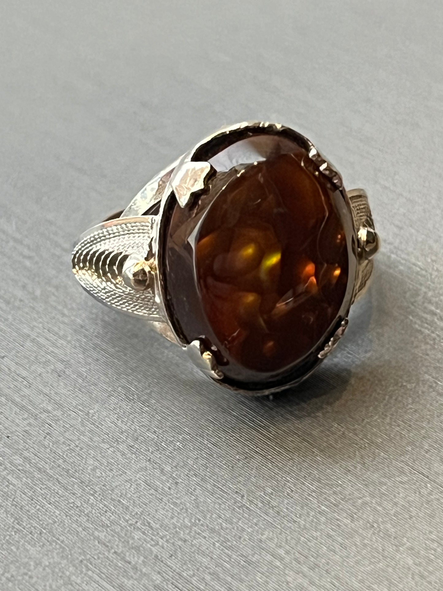 Vintage 1940's silver Sorrento ring with Fire Agate. This unique piece of jewelry is authentic Alaska Native art created by an enrolled member of an Alaska Native tribe. Certified Silver Hand and Made in Alaska jewelry.
