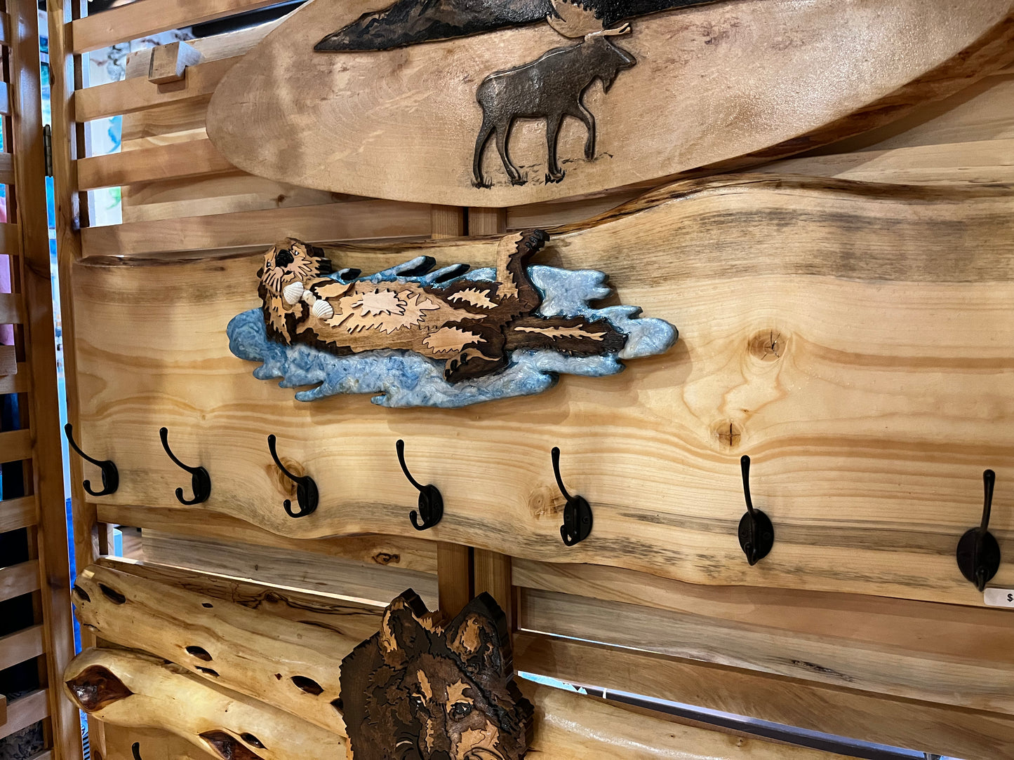 Diamond Willow Coat Racks with Intarsia Animals