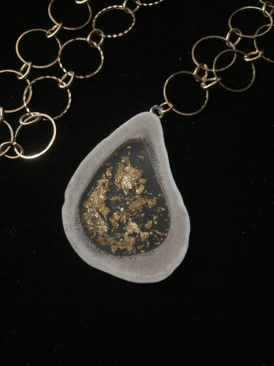 Caribou antler ring pendant necklace with gold flakes