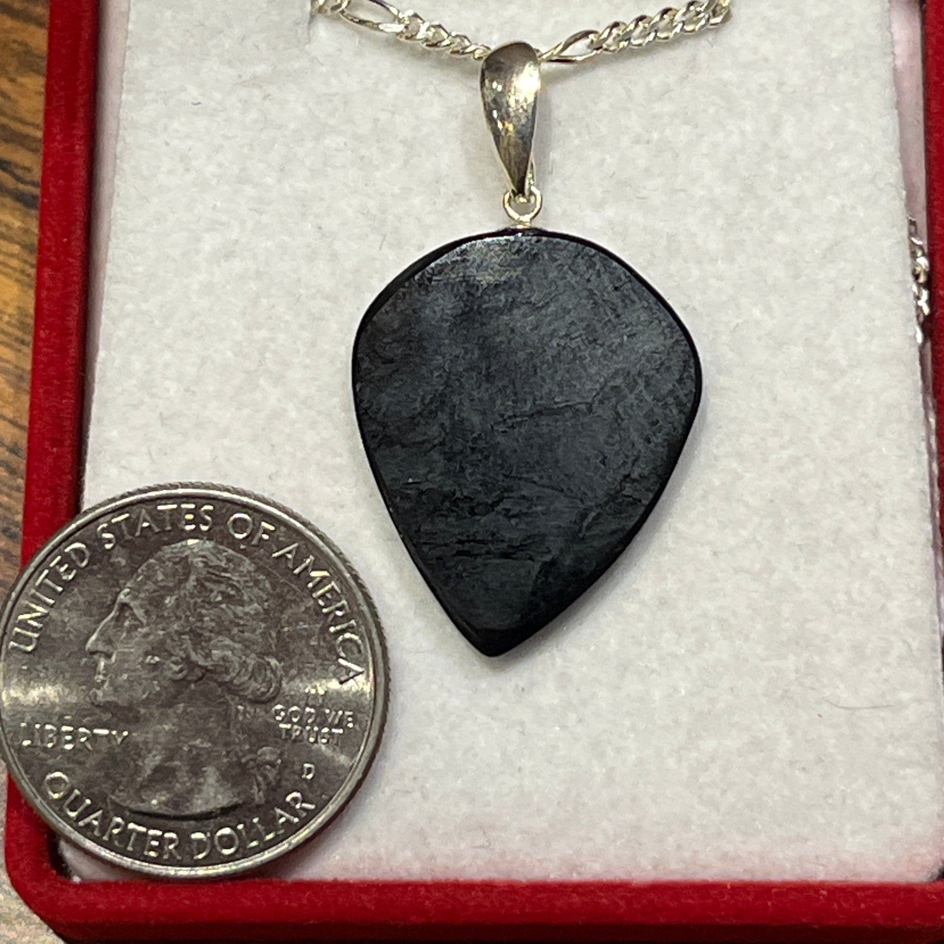 Alaskan Black Jade guitar pic pendant in sterling silver