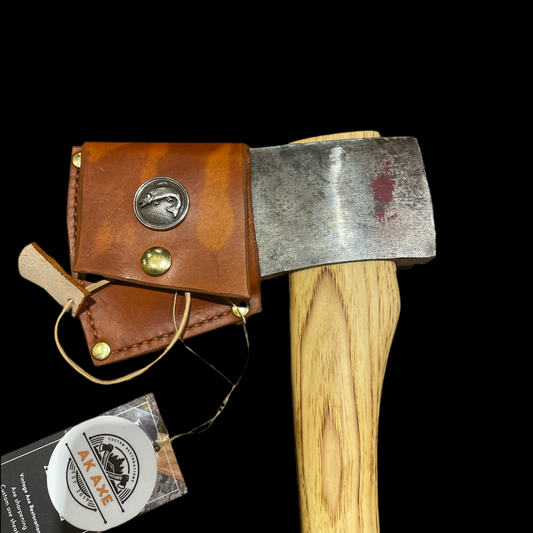 Hults Bruk (2 ½ lb) Restored vintage Swedish-made Hults Bruk axe with new custom hickory handle, and hand-sewn leather sheath. Black Walnut wedge.