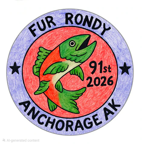 Circular pin with a green fish, text 'Fur Rondy 91st 2026 Anchorage AK', and a purple border on a white background. Salmon Color Booster button
