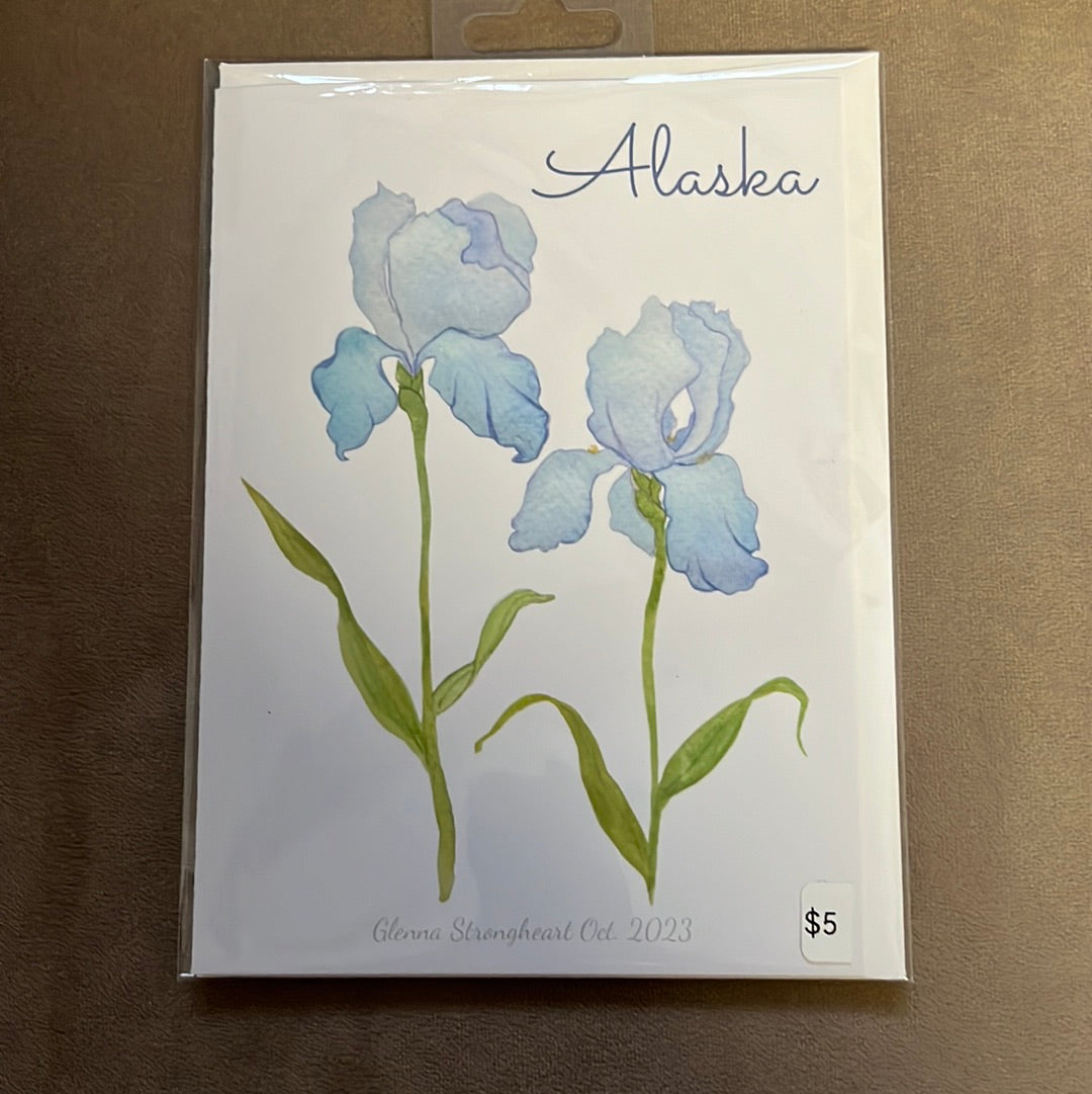 Blank Iris watercolor greeting card with envelope, by Glenna Strongheart.