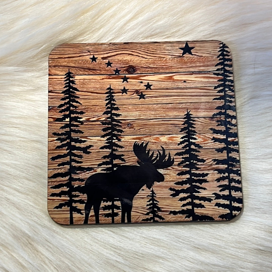 3.75”x 3.75” Square cork Moose & Stars coaster