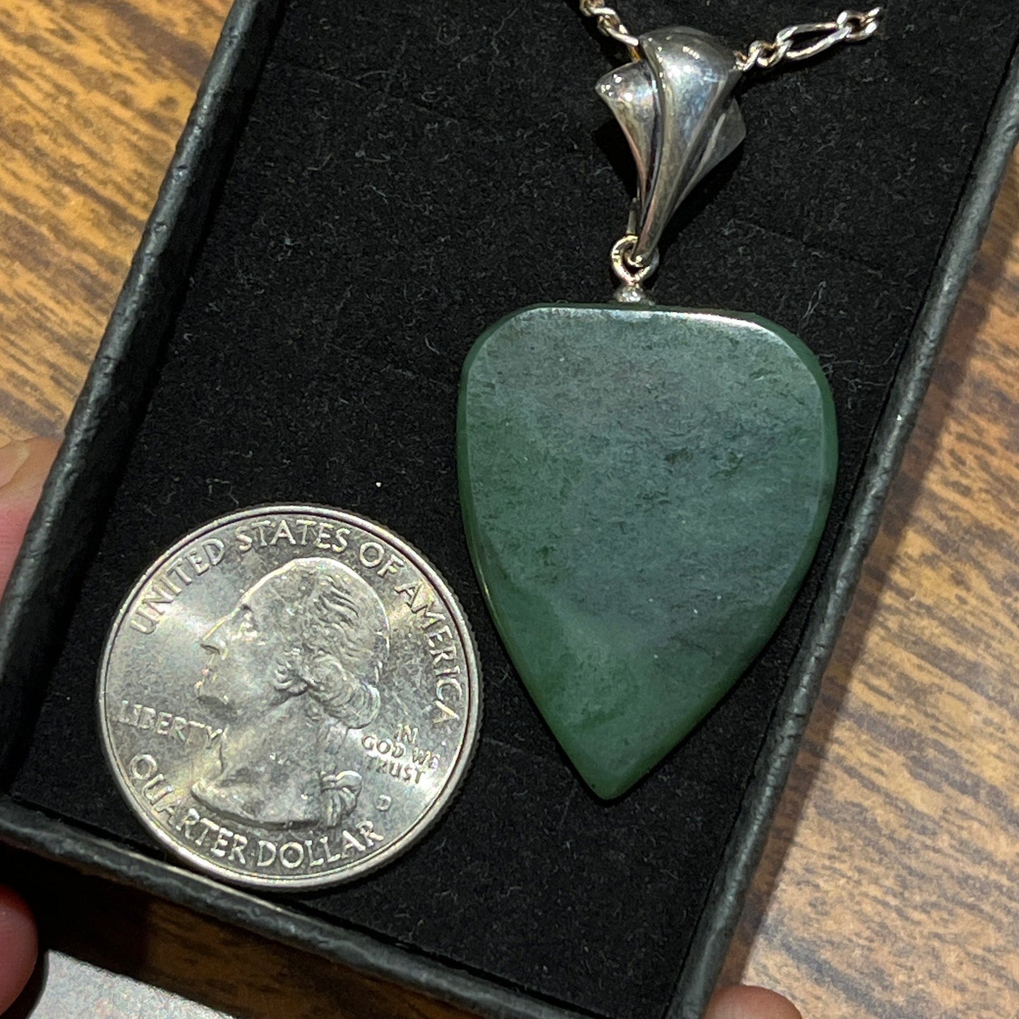 Alaskan Green Jade Guitar Pic Pendant in Sterling