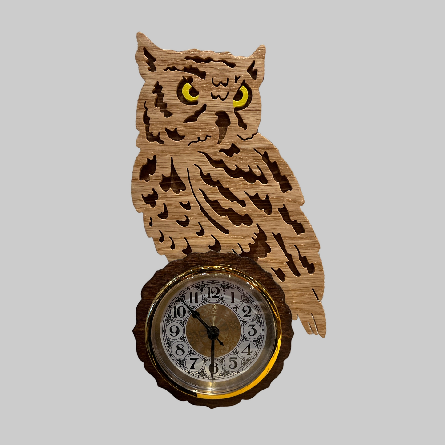 Wooden owl clock handmade in Alaska