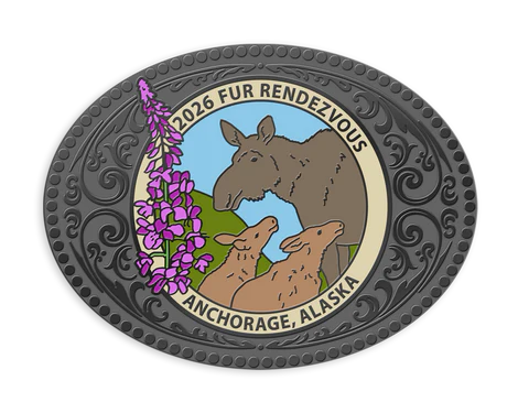 Fur Rendezvous 2026 Alaska color belt buckle with moose design 