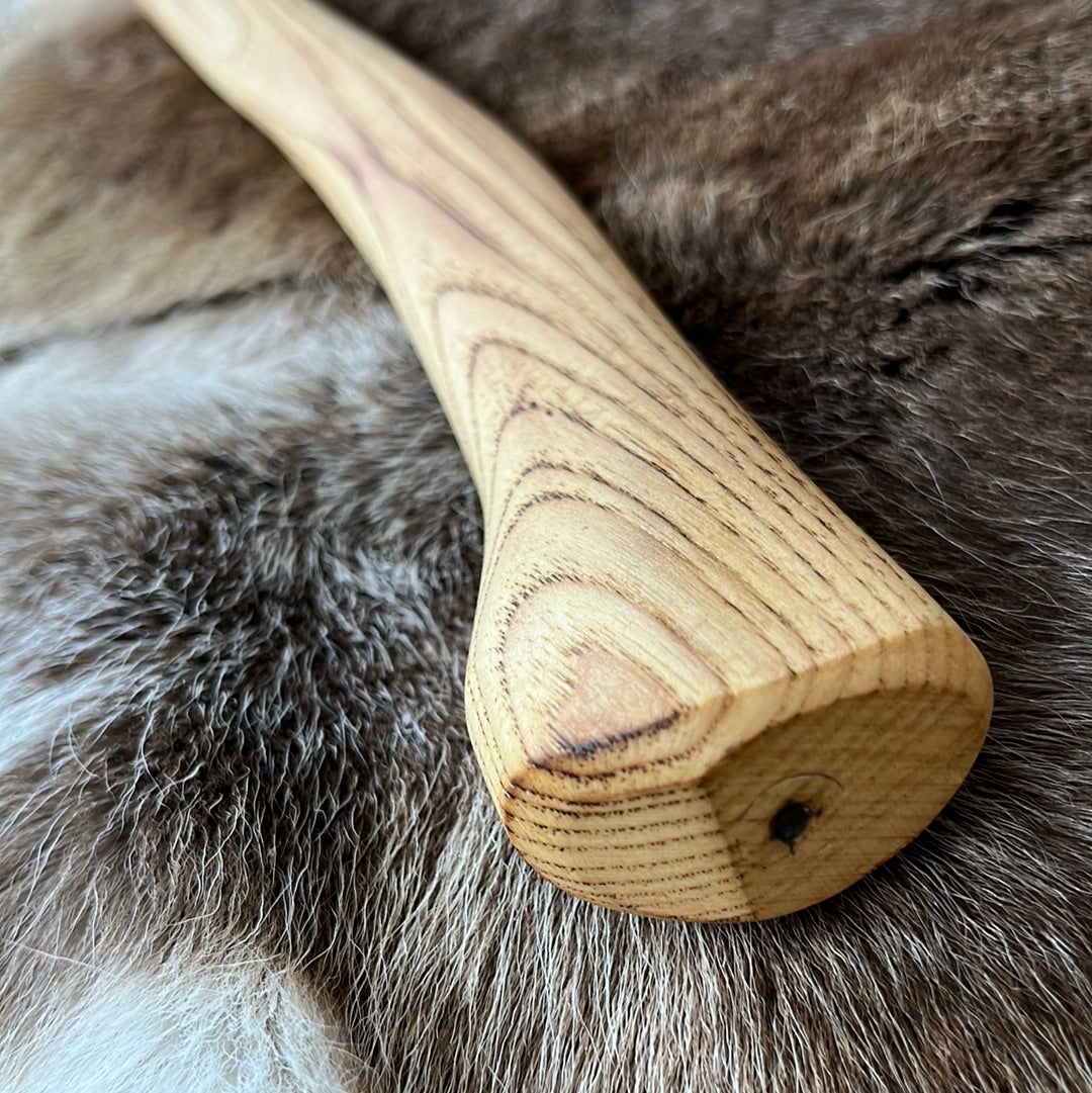 Restored vintage Swedish-made S.A. Wetterlings axe with new custom hickory handle, and hand-sewn leather sheath.  Head weight:  2 ¼ lbs.  Handle Length: 27 ½ inches  Axe weight: 3 ½ lbs.