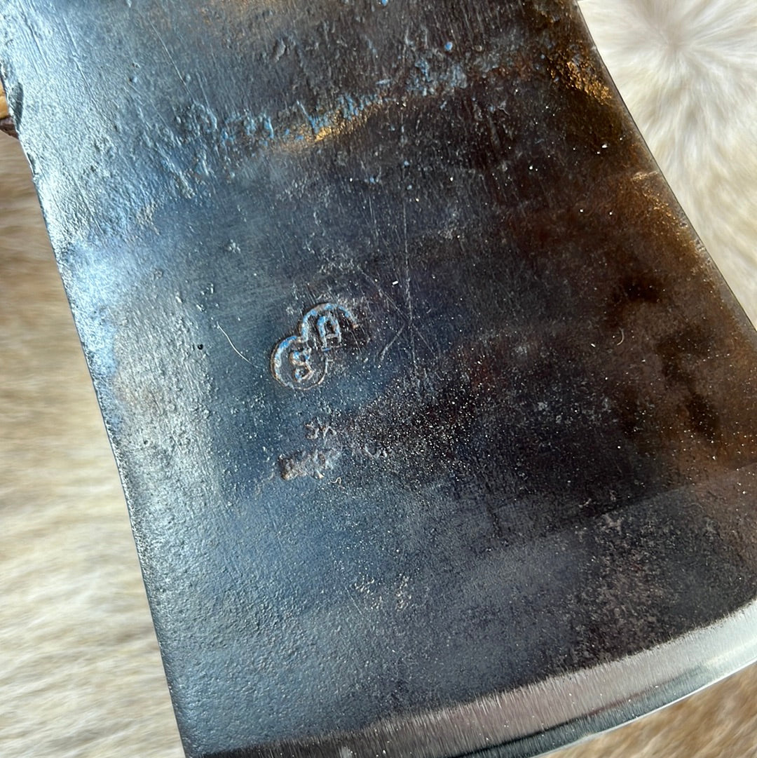 Restored vintage Swedish-made S.A. Wetterlings axe with new custom hickory handle, and hand-sewn leather sheath.  Head weight:  2 ¼ lbs.  Handle Length: 27 ½ inches  Axe weight: 3 ½ lbs.
