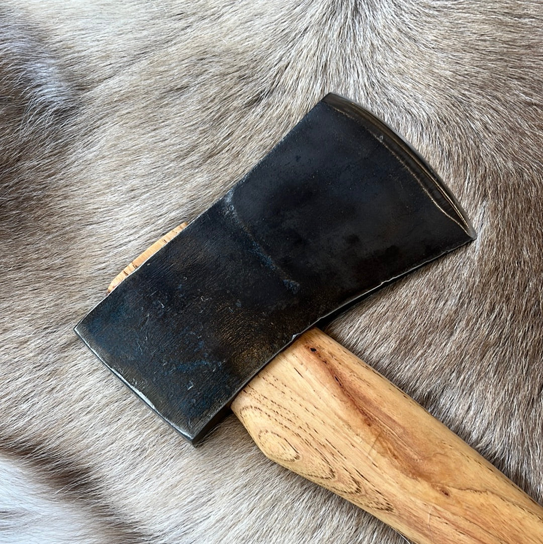 Restored vintage Swedish-made S.A. Wetterlings axe with new custom hickory handle, and hand-sewn leather sheath.  Head weight:  2 ¼ lbs.  Handle Length: 27 ½ inches  Axe weight: 3 ½ lbs.